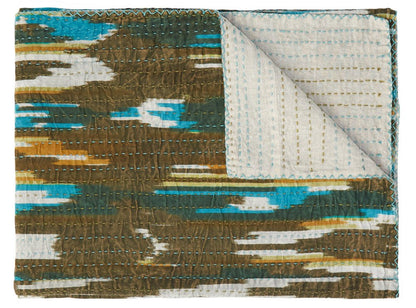 50" X 70" Brown And Blue Ikat Cotton Quilted Kantha Throw Blanket with Embroidery HomeRoots