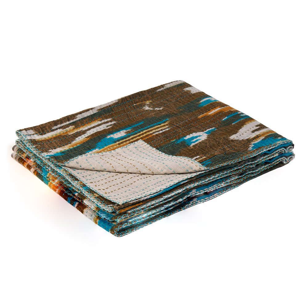 50" X 70" Brown And Blue Ikat Cotton Quilted Kantha Throw Blanket with Embroidery HomeRoots