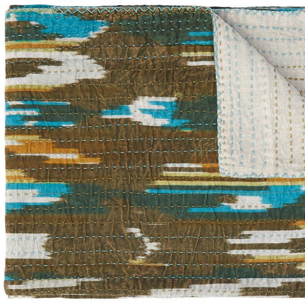 50" X 70" Brown And Blue Ikat Cotton Quilted Kantha Throw Blanket with Embroidery HomeRoots