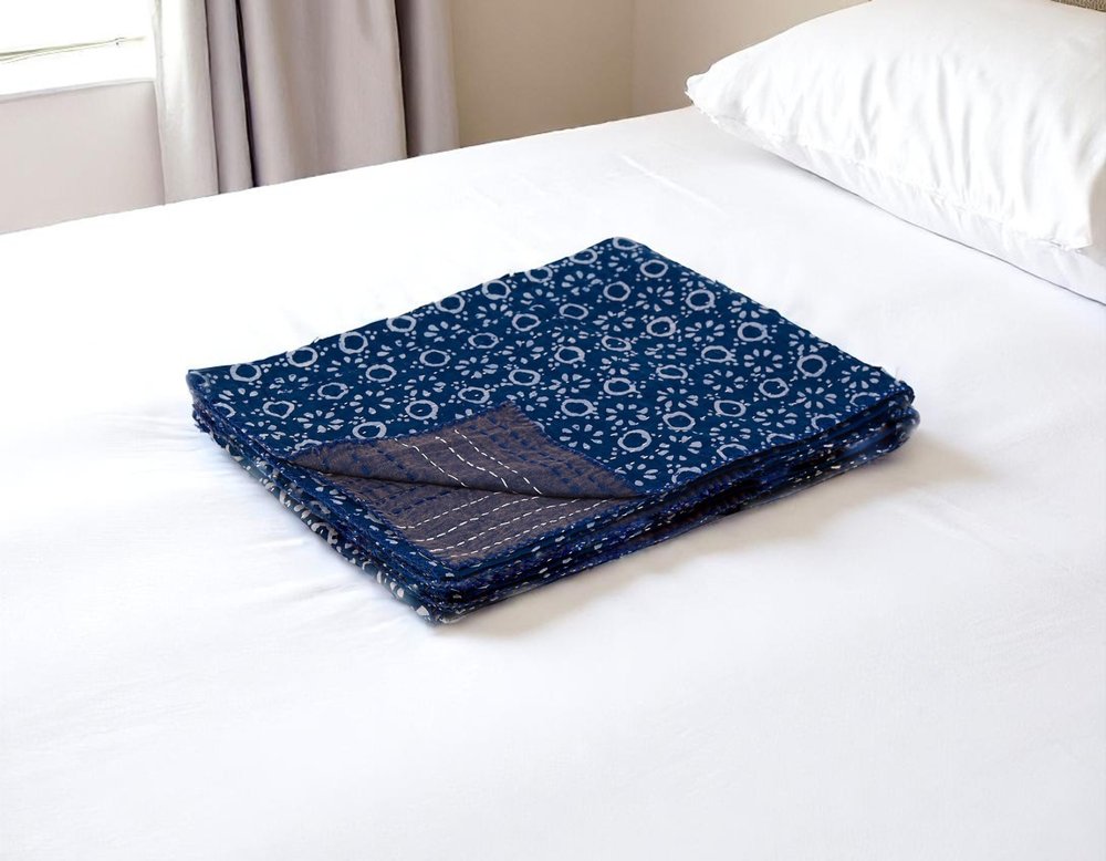50" X 70" Blue And Off White Geometric Cotton Quilted Kantha Throw Blanket with Embroidery HomeRoots