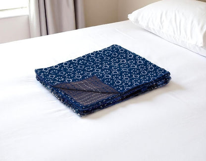 50" X 70" Blue And Off White Geometric Cotton Quilted Kantha Throw Blanket with Embroidery HomeRoots
