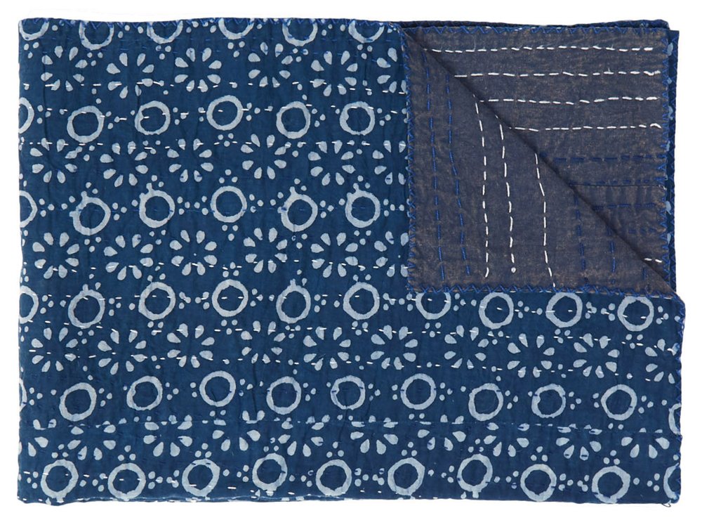 50" X 70" Blue And Off White Geometric Cotton Quilted Kantha Throw Blanket with Embroidery HomeRoots