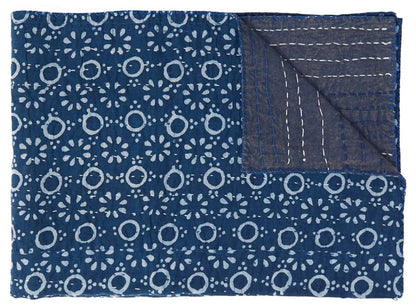 50" X 70" Blue And Off White Geometric Cotton Quilted Kantha Throw Blanket with Embroidery HomeRoots