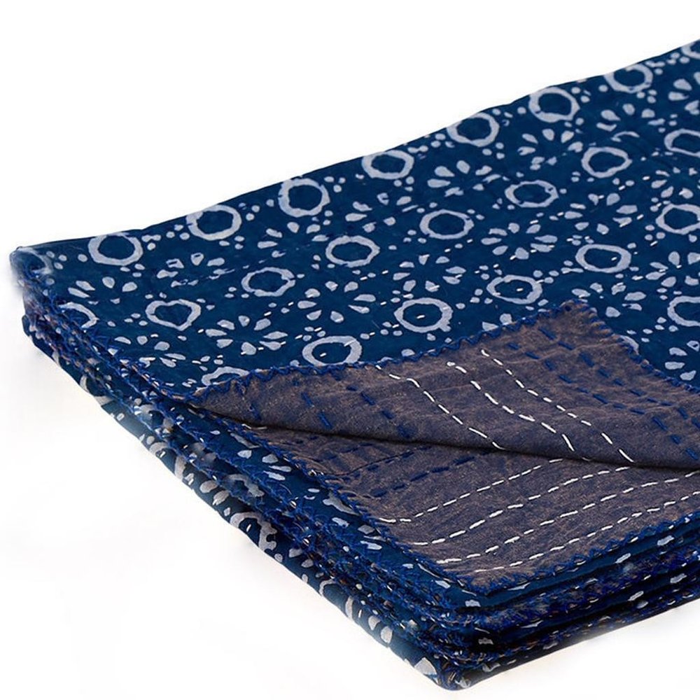 50" X 70" Blue And Off White Geometric Cotton Quilted Kantha Throw Blanket with Embroidery HomeRoots