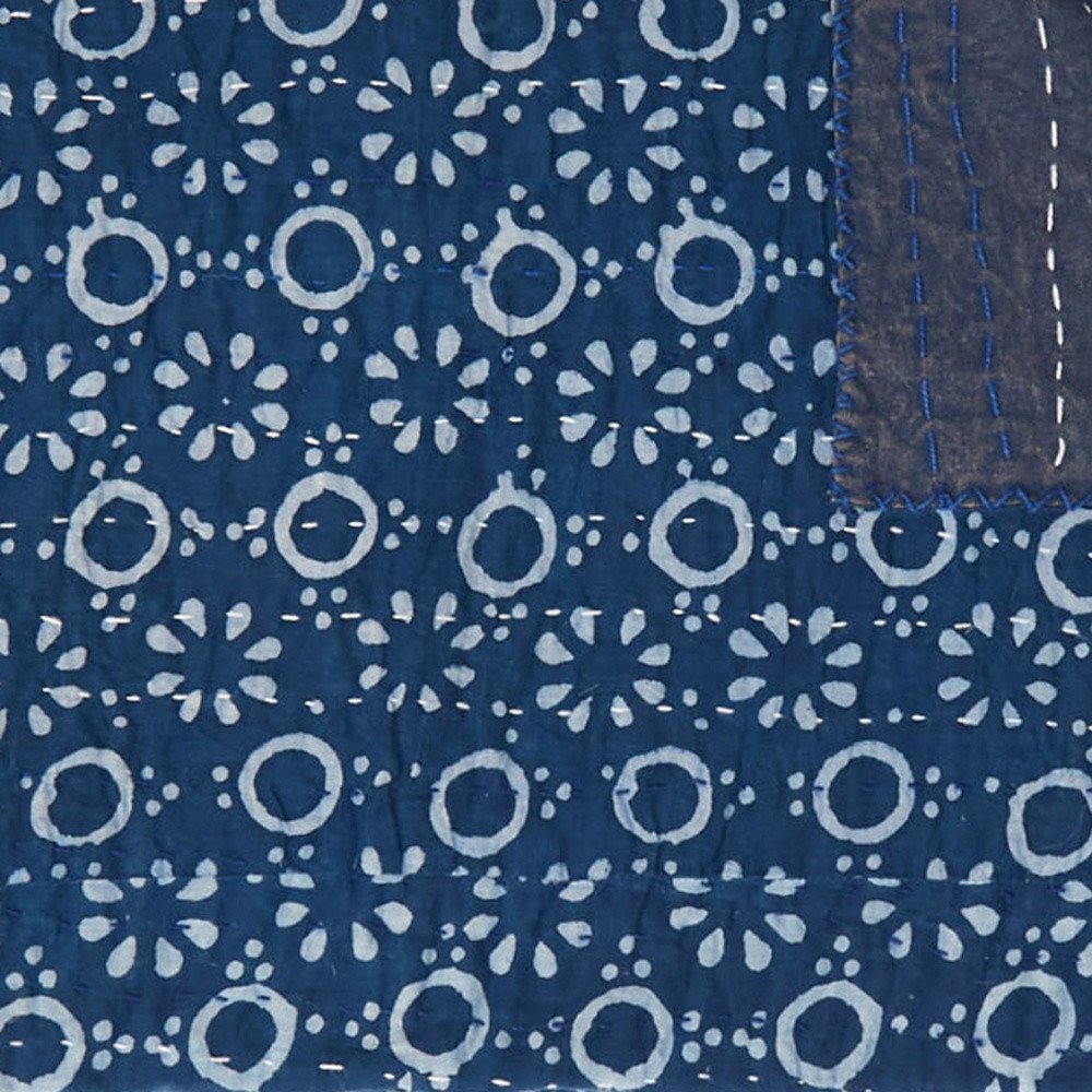 50" X 70" Blue And Off White Geometric Cotton Quilted Kantha Throw Blanket with Embroidery HomeRoots