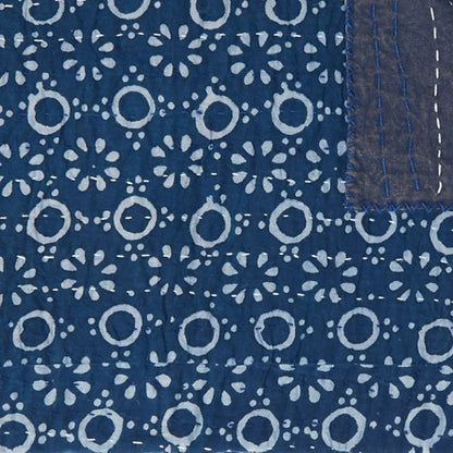 50" X 70" Blue And Off White Geometric Cotton Quilted Kantha Throw Blanket with Embroidery HomeRoots