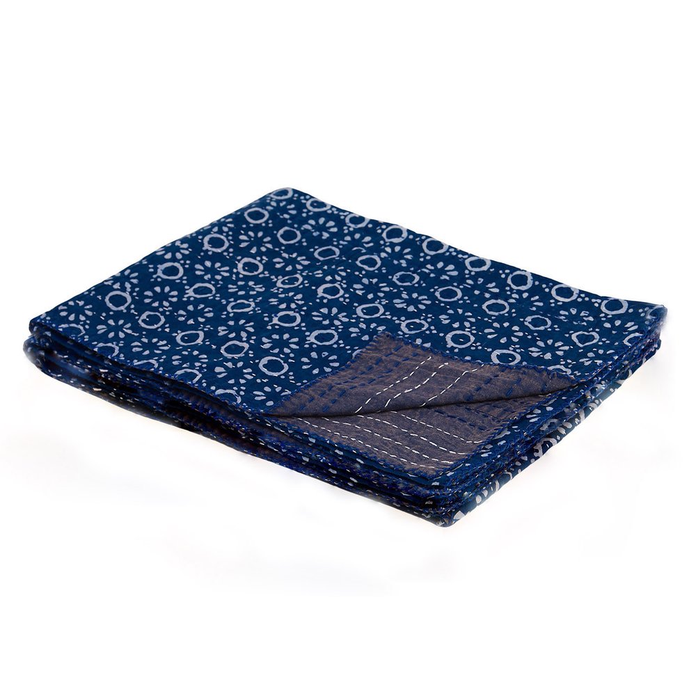 50" X 70" Blue And Off White Geometric Cotton Quilted Kantha Throw Blanket with Embroidery HomeRoots