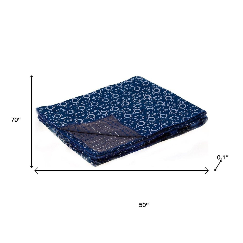 50" X 70" Blue And Off White Geometric Cotton Quilted Kantha Throw Blanket with Embroidery HomeRoots