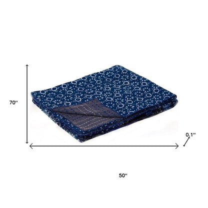 50" X 70" Blue And Off White Geometric Cotton Quilted Kantha Throw Blanket with Embroidery HomeRoots