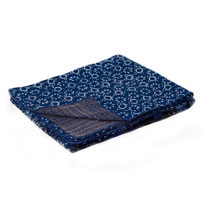 50" X 70" Blue And Off White Geometric Cotton Quilted Kantha Throw Blanket with Embroidery HomeRoots
