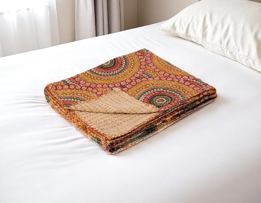 50" X 70" Brown And Beige Abstract Cotton Quilted Kantha Throw Blanket with Embroidery HomeRoots