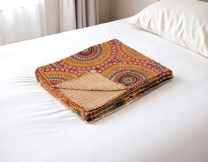 50" X 70" Brown And Beige Abstract Cotton Quilted Kantha Throw Blanket with Embroidery HomeRoots