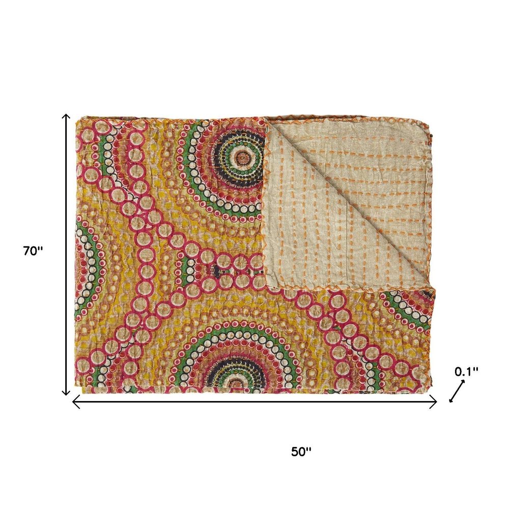 50" X 70" Brown And Beige Abstract Cotton Quilted Kantha Throw Blanket with Embroidery HomeRoots
