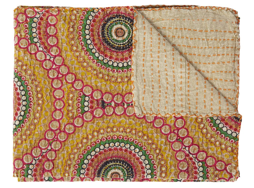 50" X 70" Brown And Beige Abstract Cotton Quilted Kantha Throw Blanket with Embroidery HomeRoots