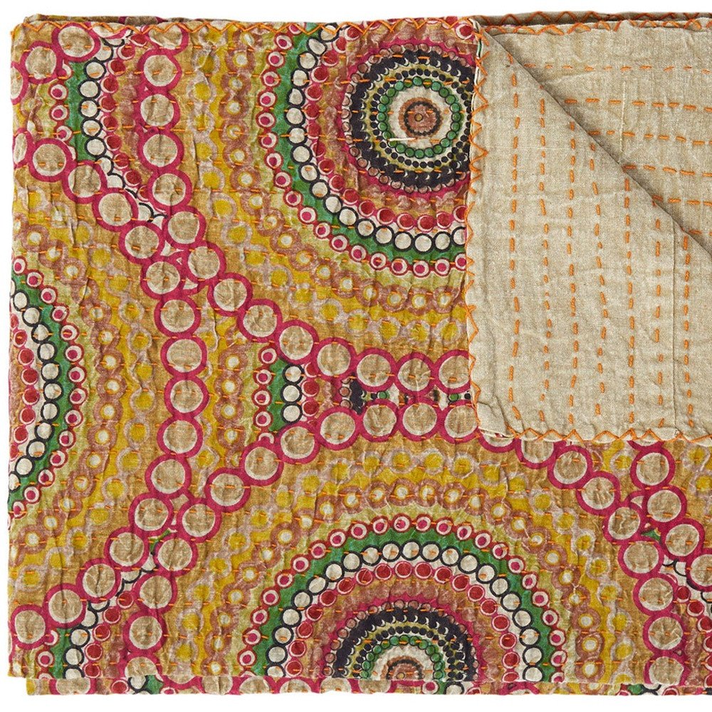 50" X 70" Brown And Beige Abstract Cotton Quilted Kantha Throw Blanket with Embroidery HomeRoots