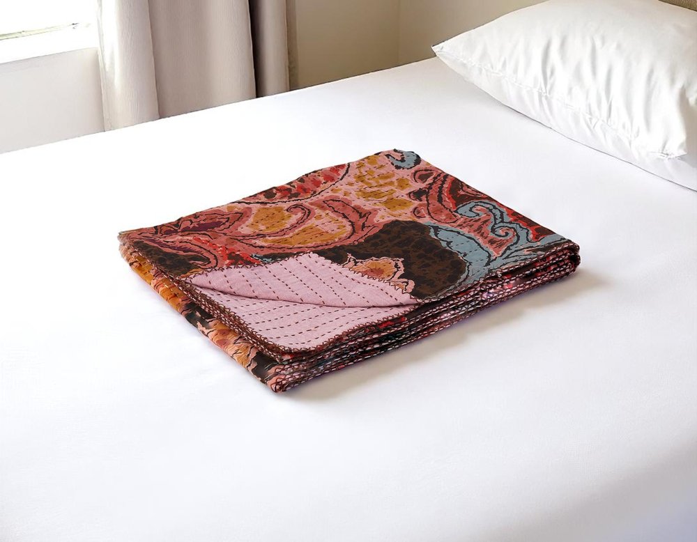 50" X 70" Beige And Pink Ikat Cotton Quilted Kantha Throw Blanket with Embroidery HomeRoots