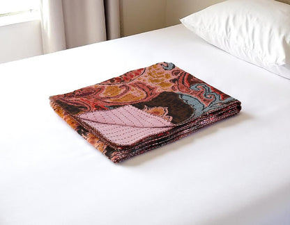 50" X 70" Beige And Pink Ikat Cotton Quilted Kantha Throw Blanket with Embroidery HomeRoots
