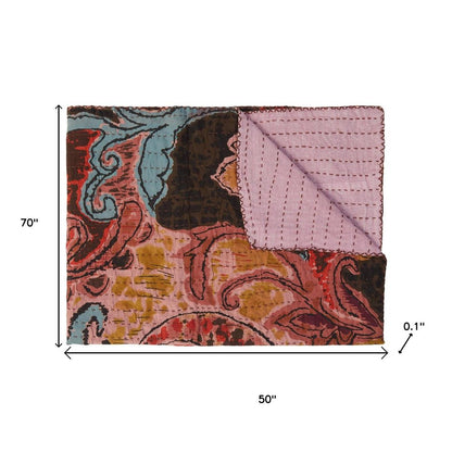 50" X 70" Beige And Pink Ikat Cotton Quilted Kantha Throw Blanket with Embroidery HomeRoots