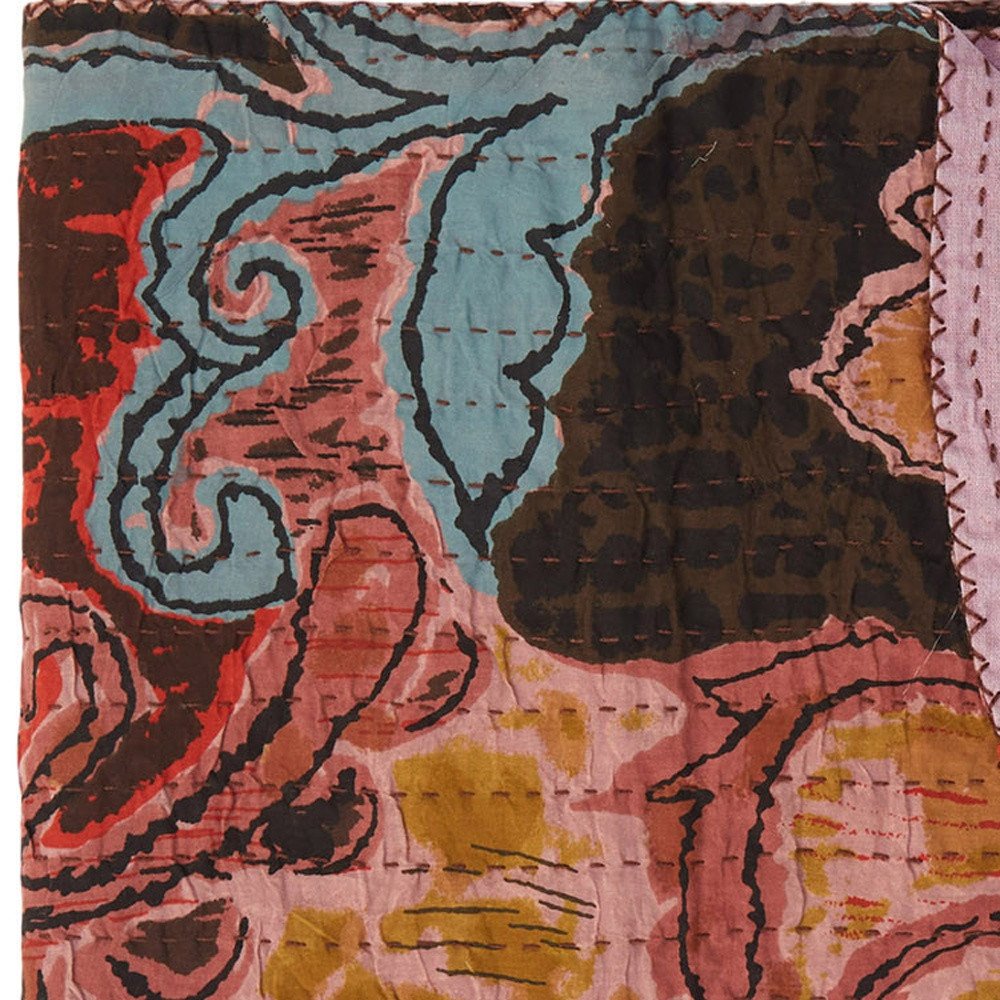 50" X 70" Beige And Pink Ikat Cotton Quilted Kantha Throw Blanket with Embroidery HomeRoots
