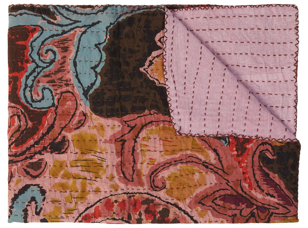 50" X 70" Beige And Pink Ikat Cotton Quilted Kantha Throw Blanket with Embroidery HomeRoots