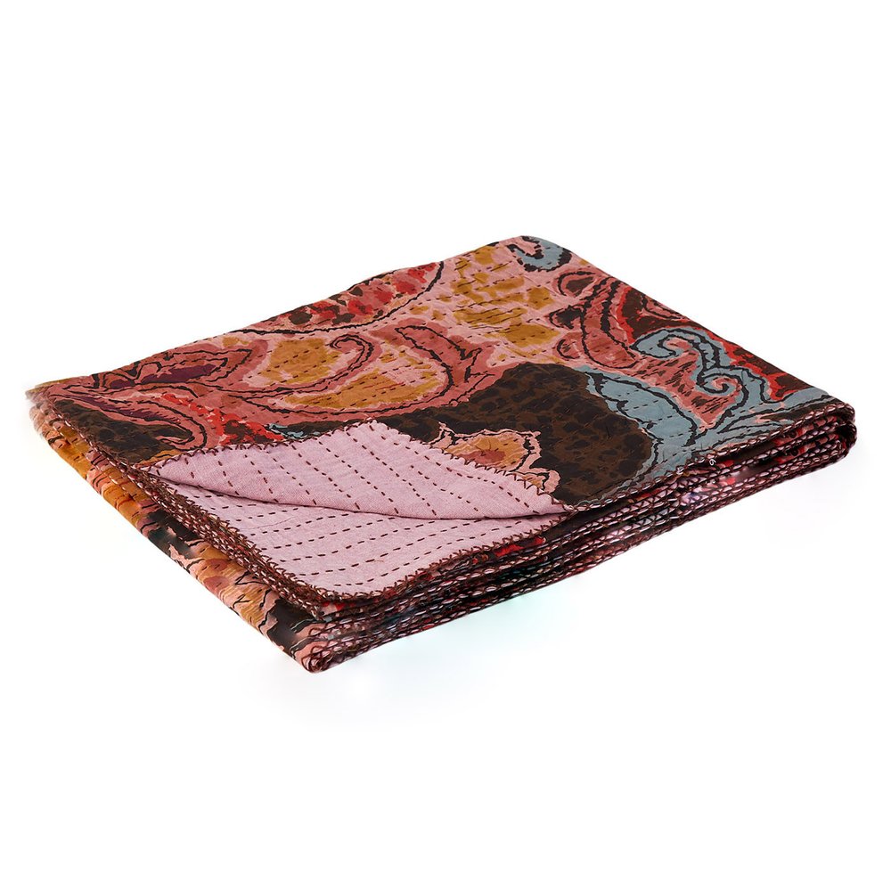 50" X 70" Beige And Pink Ikat Cotton Quilted Kantha Throw Blanket with Embroidery HomeRoots
