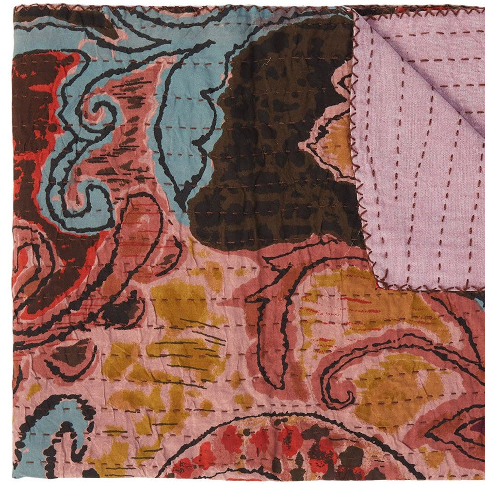 50" X 70" Beige And Pink Ikat Cotton Quilted Kantha Throw Blanket with Embroidery HomeRoots