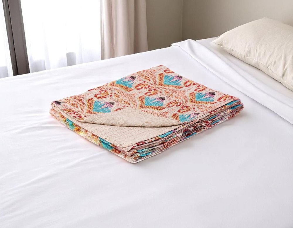 50" X 70" Beige And Pink Ikat Cotton Quilted Kantha Throw Blanket with Embroidery HomeRoots