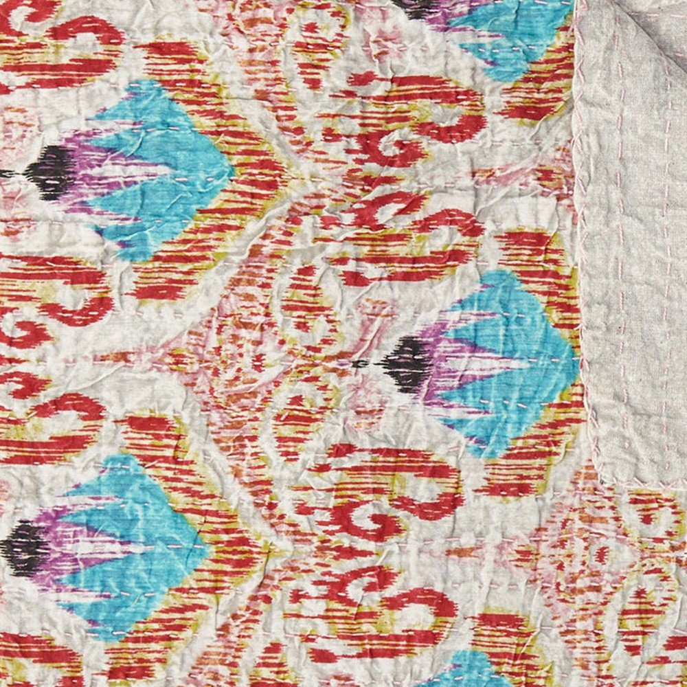 50" X 70" Beige And Pink Ikat Cotton Quilted Kantha Throw Blanket with Embroidery HomeRoots