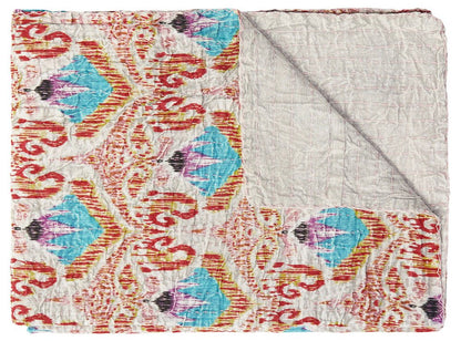 50" X 70" Beige And Pink Ikat Cotton Quilted Kantha Throw Blanket with Embroidery HomeRoots
