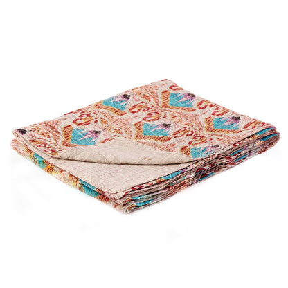 50" X 70" Beige And Pink Ikat Cotton Quilted Kantha Throw Blanket with Embroidery HomeRoots