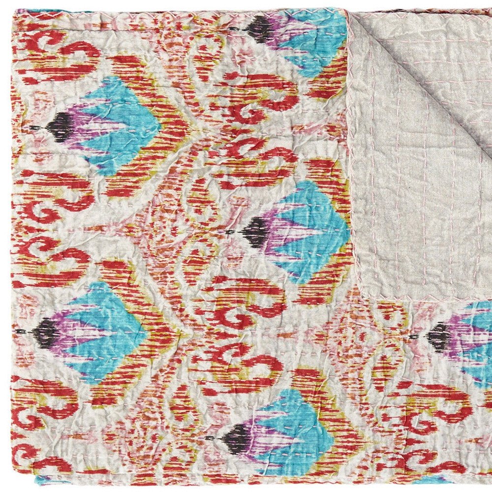 50" X 70" Beige And Pink Ikat Cotton Quilted Kantha Throw Blanket with Embroidery HomeRoots