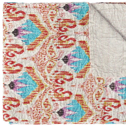 50" X 70" Beige And Pink Ikat Cotton Quilted Kantha Throw Blanket with Embroidery HomeRoots