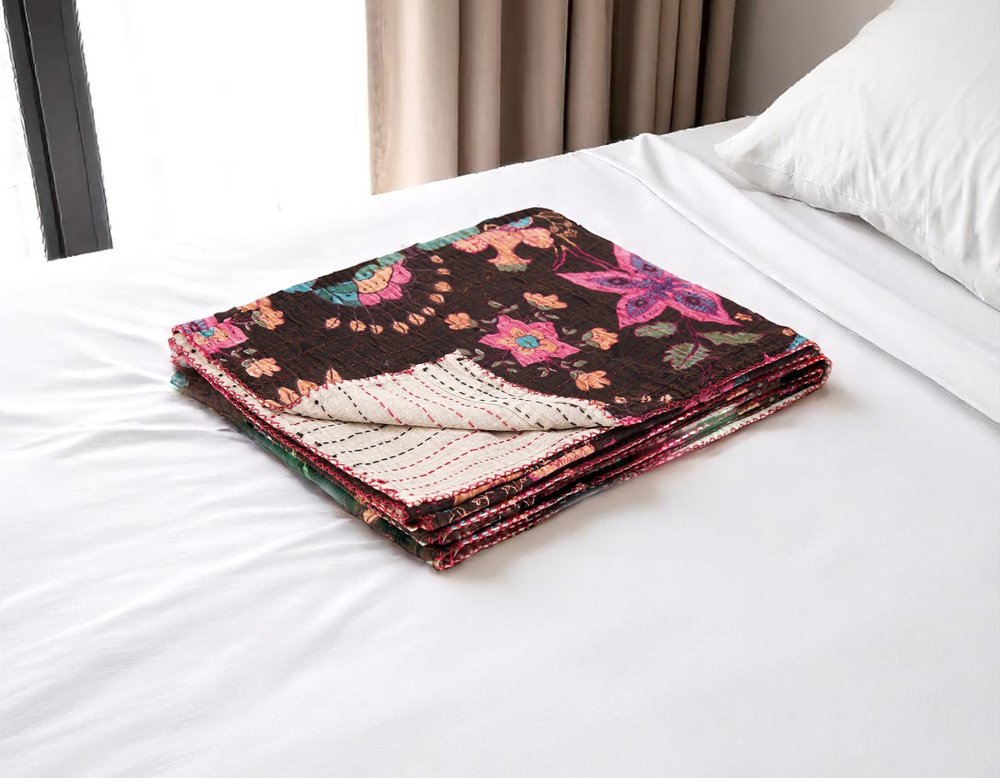 50" X 70" Brown And Beige Floral Cotton Quilted Kantha Throw Blanket with Embroidery HomeRoots