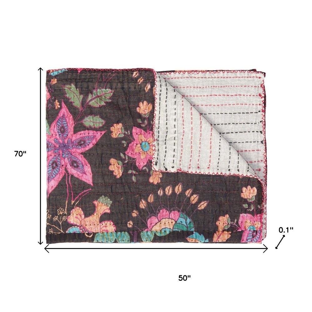 50" X 70" Brown And Beige Floral Cotton Quilted Kantha Throw Blanket with Embroidery HomeRoots