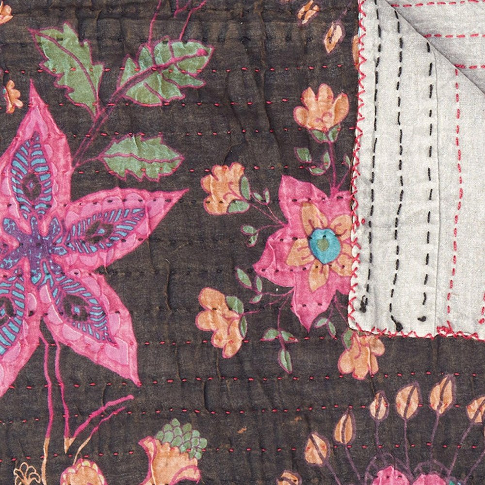50" X 70" Brown And Beige Floral Cotton Quilted Kantha Throw Blanket with Embroidery HomeRoots