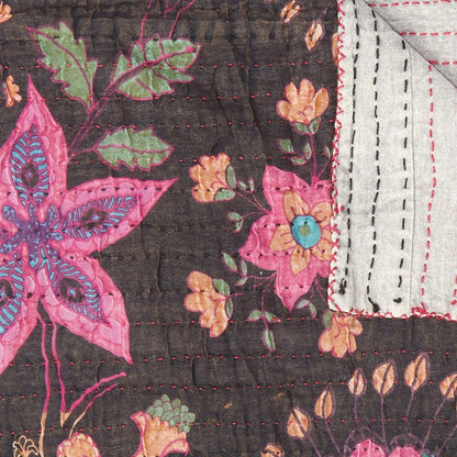 50" X 70" Brown And Beige Floral Cotton Quilted Kantha Throw Blanket with Embroidery HomeRoots