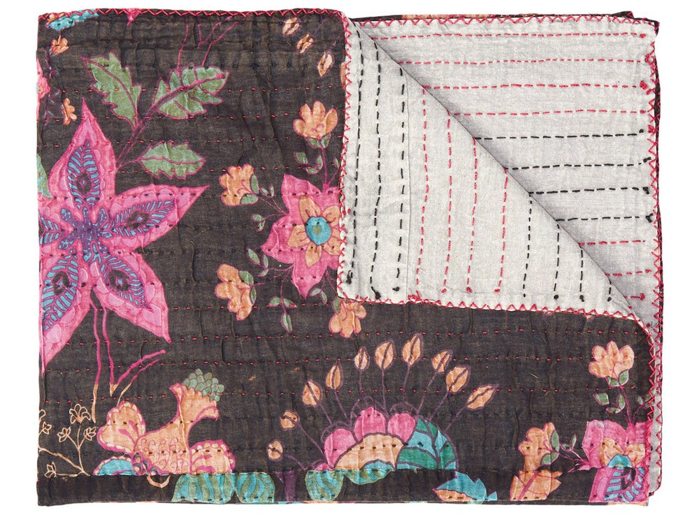50" X 70" Brown And Beige Floral Cotton Quilted Kantha Throw Blanket with Embroidery HomeRoots