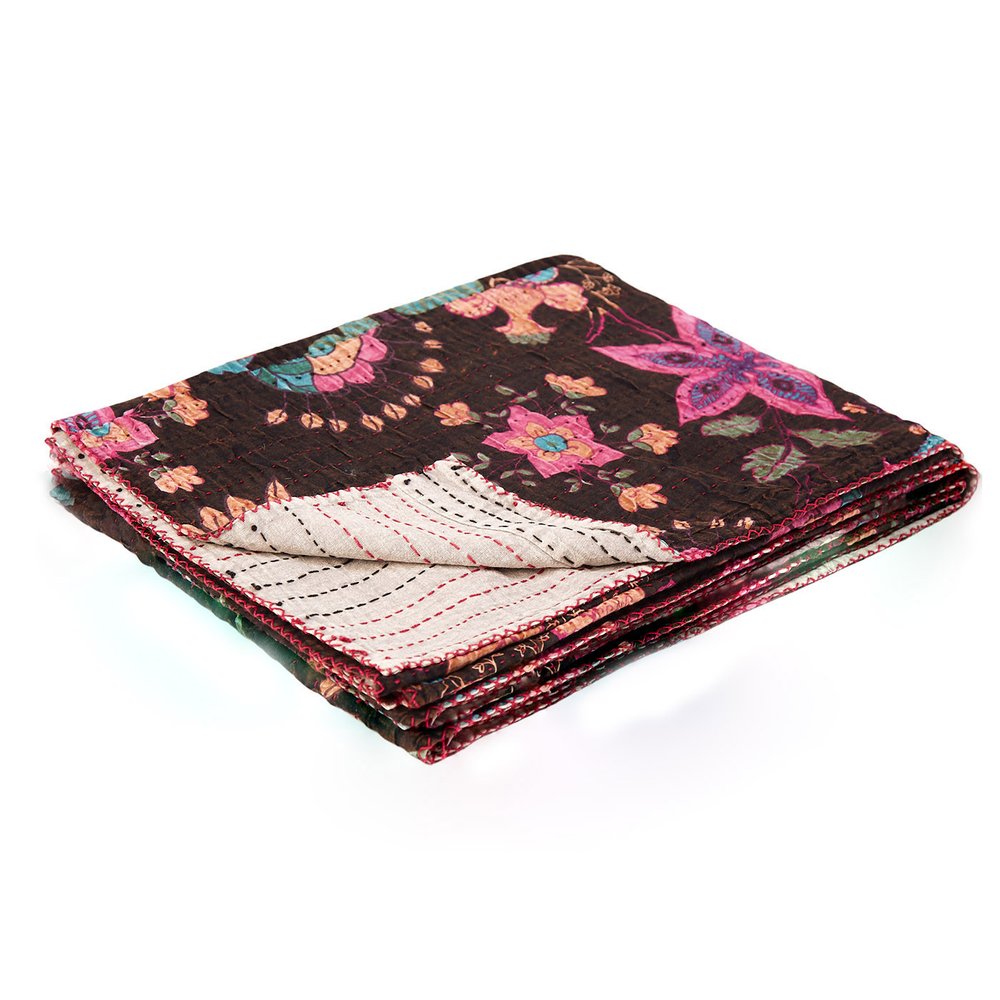 50" X 70" Brown And Beige Floral Cotton Quilted Kantha Throw Blanket with Embroidery HomeRoots