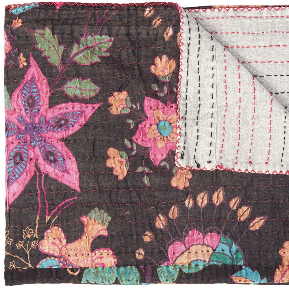 50" X 70" Brown And Beige Floral Cotton Quilted Kantha Throw Blanket with Embroidery HomeRoots