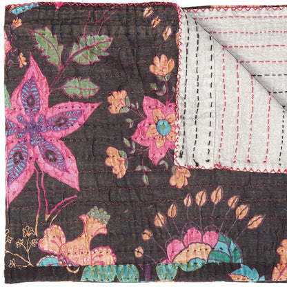 50" X 70" Brown And Beige Floral Cotton Quilted Kantha Throw Blanket with Embroidery HomeRoots