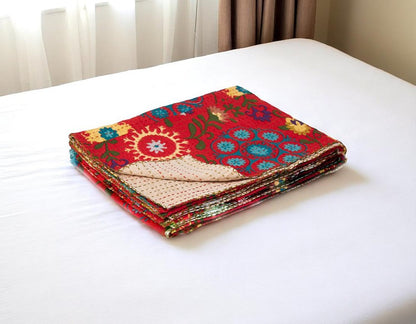 50" X 70" Red Floral Cotton Quilted Kantha Throw Blanket with Embroidery HomeRoots