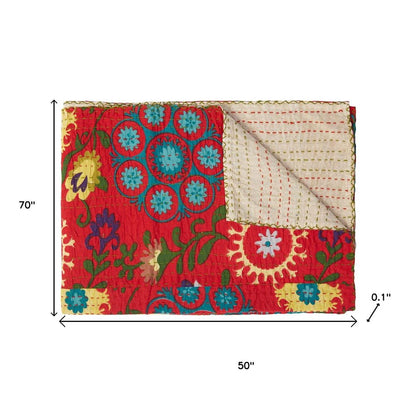 50" X 70" Red Floral Cotton Quilted Kantha Throw Blanket with Embroidery HomeRoots