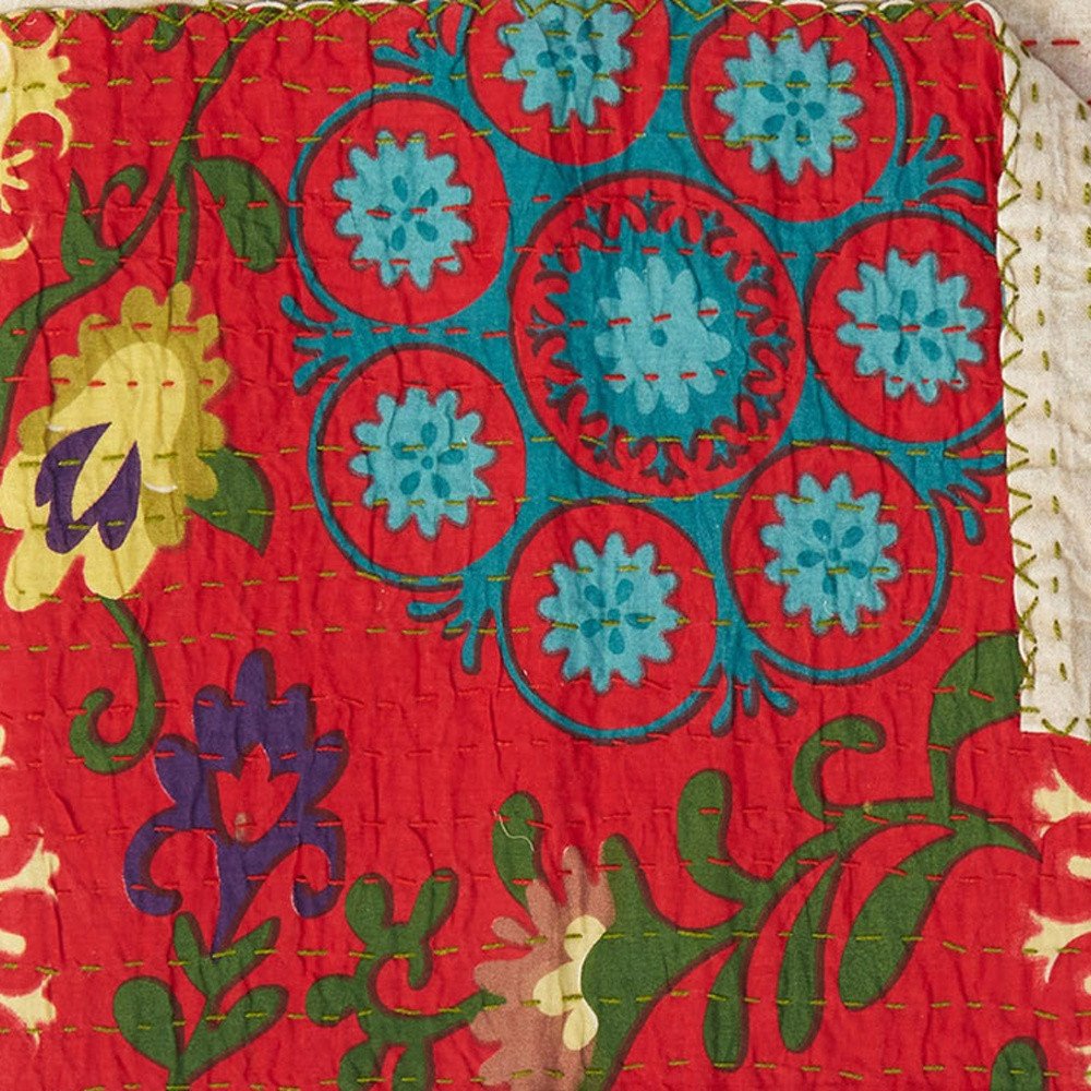 50" X 70" Red Floral Cotton Quilted Kantha Throw Blanket with Embroidery HomeRoots