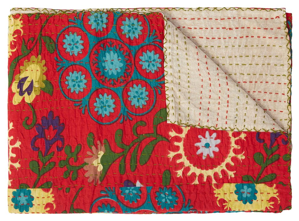 50" X 70" Red Floral Cotton Quilted Kantha Throw Blanket with Embroidery HomeRoots