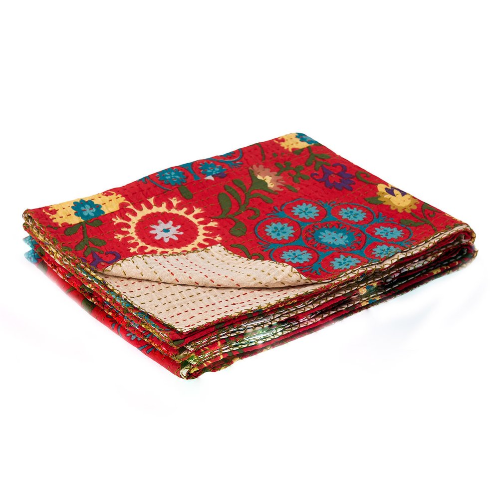 50" X 70" Red Floral Cotton Quilted Kantha Throw Blanket with Embroidery HomeRoots
