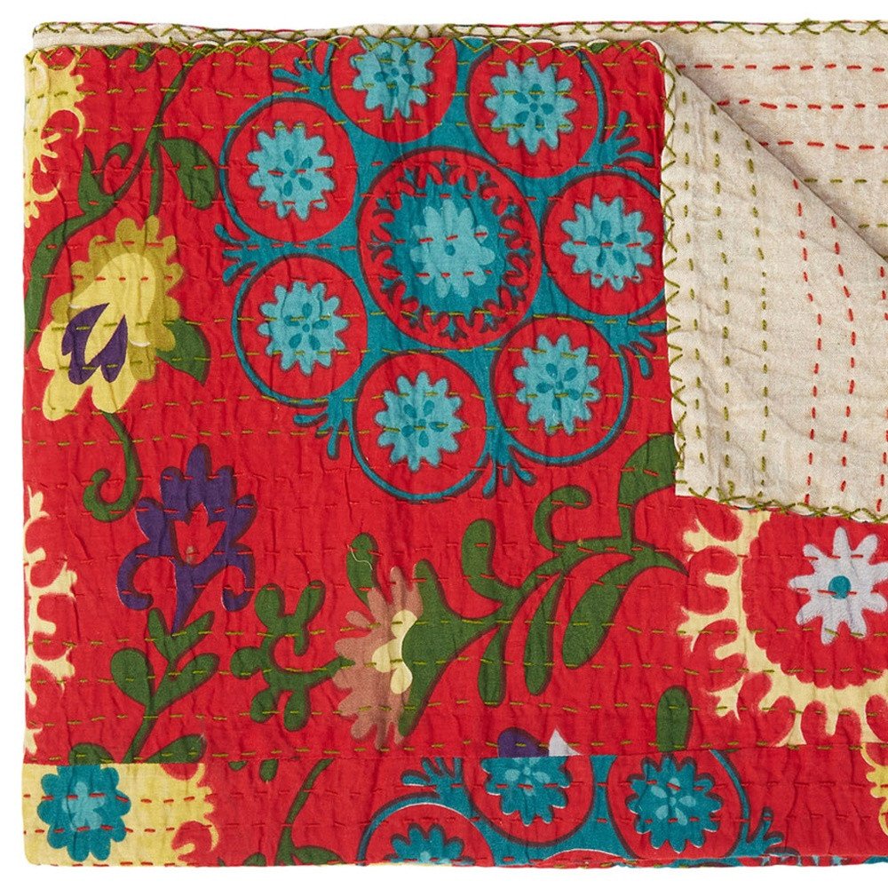 50" X 70" Red Floral Cotton Quilted Kantha Throw Blanket with Embroidery HomeRoots