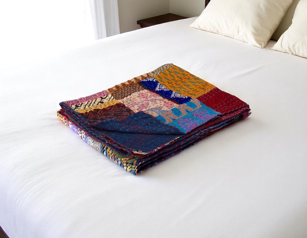 50" X 70" Blue Red And Yellow Patchwork Silk Quilted Kantha Throw Blanket with Embroidery HomeRoots