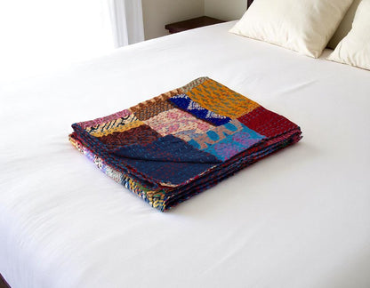 50" X 70" Blue Red And Yellow Patchwork Silk Quilted Kantha Throw Blanket with Embroidery HomeRoots
