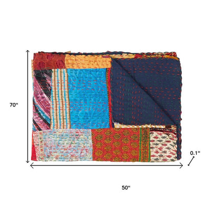 50" X 70" Blue Red And Yellow Patchwork Silk Quilted Kantha Throw Blanket with Embroidery HomeRoots