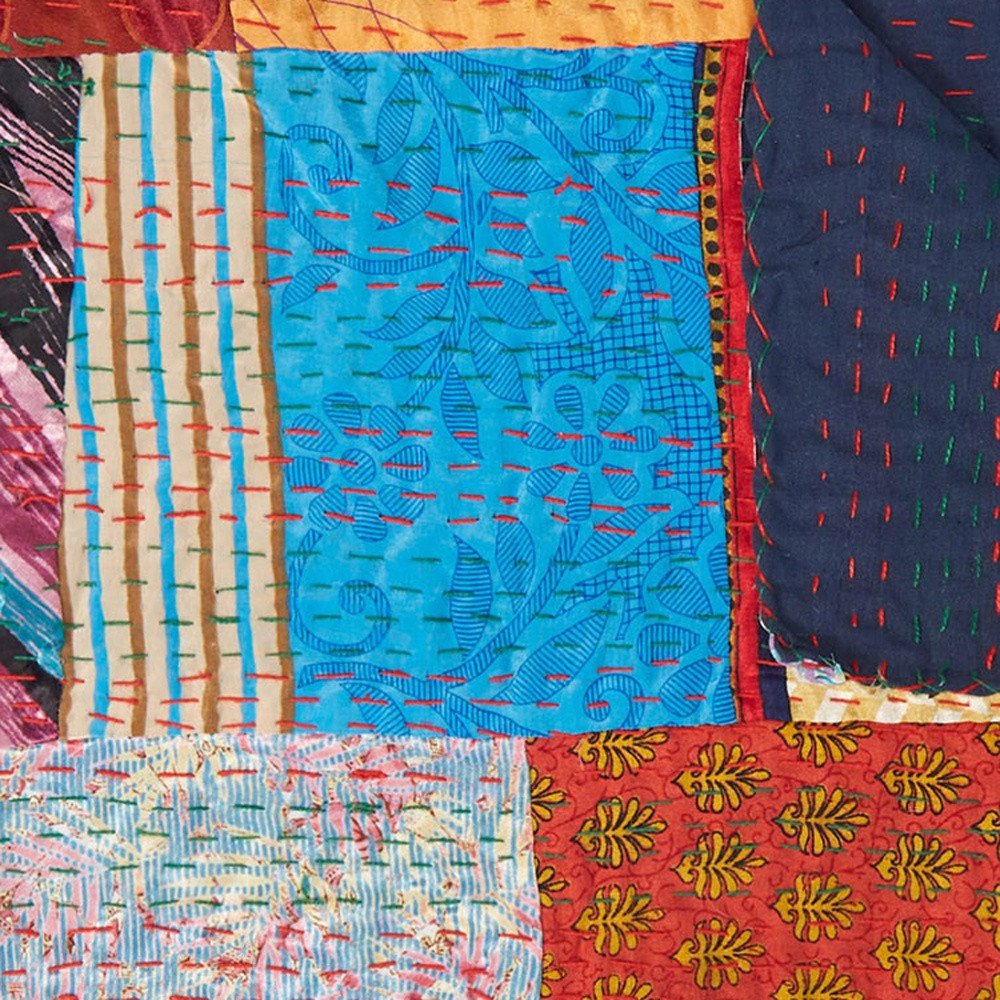 50" X 70" Blue Red And Yellow Patchwork Silk Quilted Kantha Throw Blanket with Embroidery HomeRoots